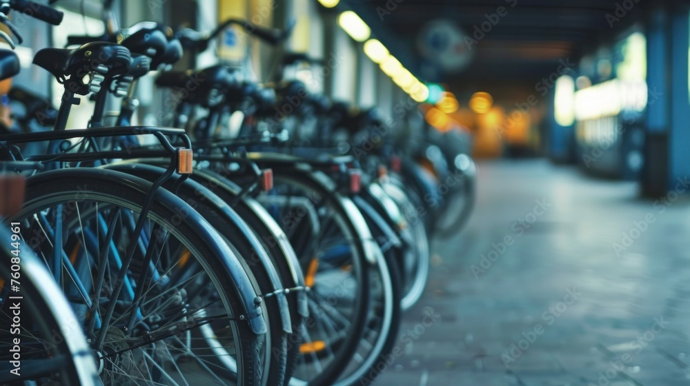 Row of bicycles at rental station Row of bicycles at rental station