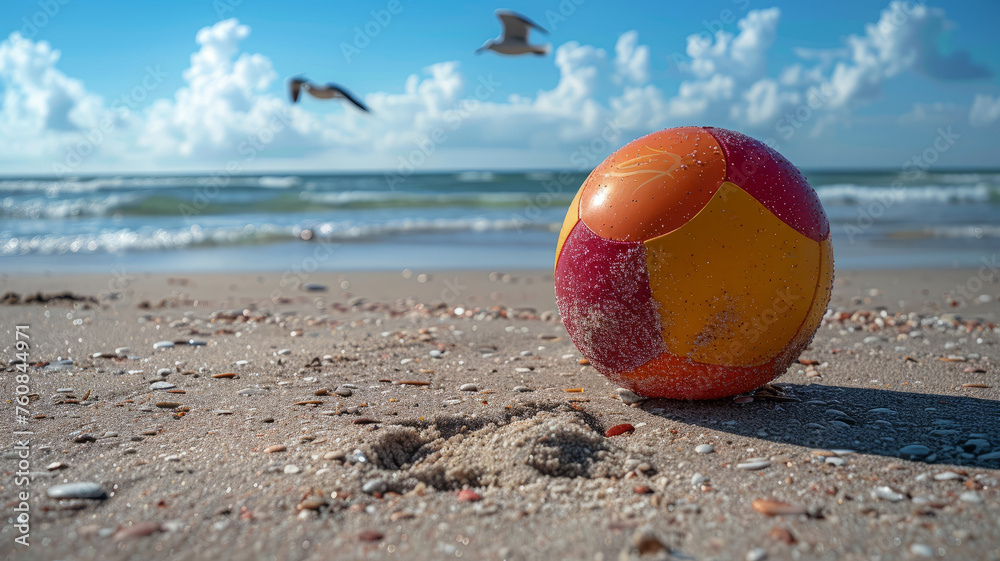 Colorful beachball on sandy shore