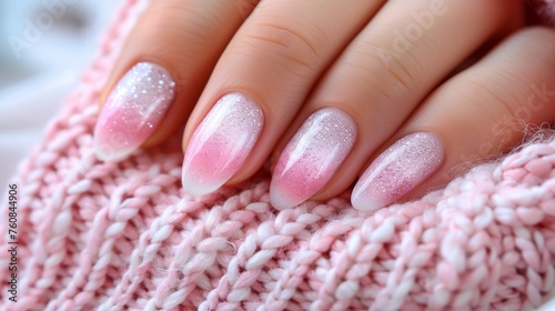 Woman s hand featuring elegant white glitter nail art, styled with a trendy pastel sweater