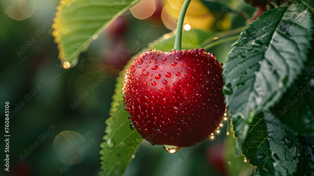 Obraz premium Red cherry on a tree with water droplets.