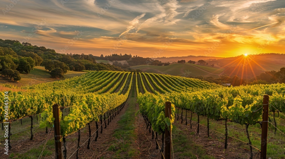 Sunrise over a vineyard landscape