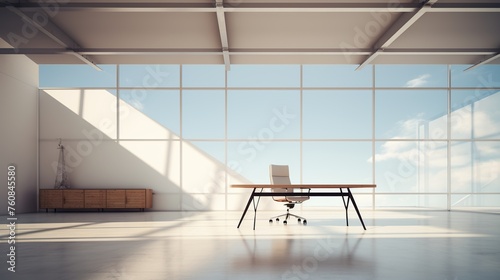 Empty open space office with table, chair and computer with natural light form window. Modern office interior concept.