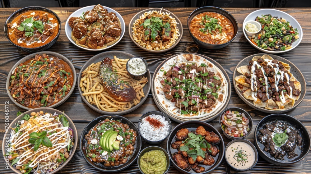 a wooden table topped with lots of different types of plates and bowls filled with different types of food and veggies.