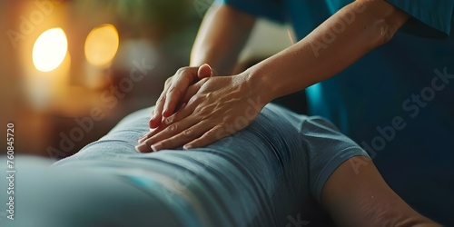 Therapist provides soothing percussive massage during a rehabilitation session for recovery. Concept Physical Therapy, Percussive Massage, Rehabilitation, Recovery, Therapist