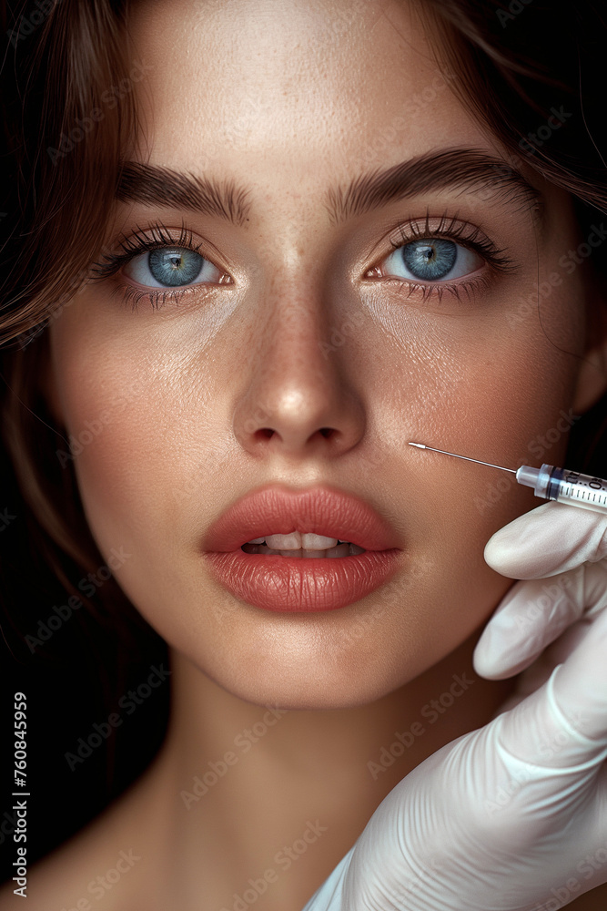 Obraz premium Beauty facial injections. Young beautiful woman receives Botox injection for face lifting. Hyaluronic acid treatment, lip filler. Lip augmentation, face correction. Hands of cosmetologist with syringe