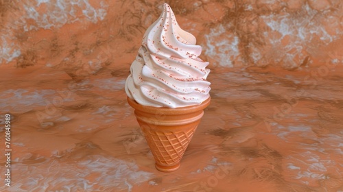 an ice cream cone with sprinkles on top of a brown and white surface with a brown background. photo