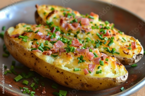 Delicious Serving baked potato with green herbs. Delicious healthy homemade jacket potato on plate. Generate ai