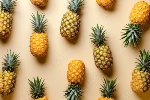 Pattern with pineapples  top view  flat lay. Tropical abstract background. Ripe juicy fruits. Colorful fruit pattern  healthy eating  vegan healthy diet  vitamins  super food  raw food