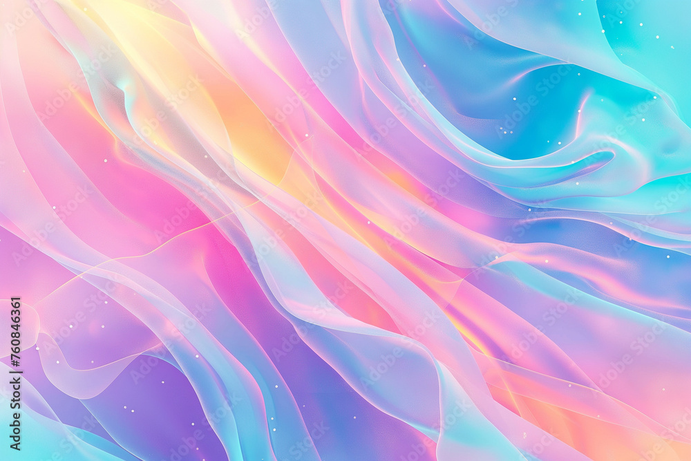 Holographic abstract light pastel colors background. Gradient neon unicorn rainbow texture. Trendy colors shimmering dreamlike backdrop. Crumpled iridescent fabric, curved surreal futuristic texture