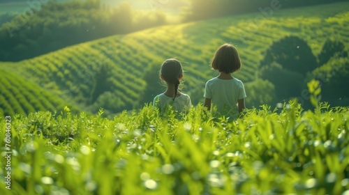 Two People Standing on Top of Lush Green Field