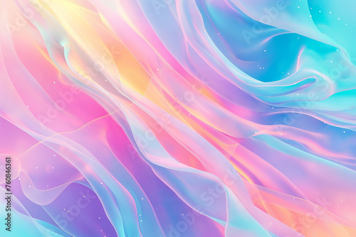 Holographic abstract light pastel colors background. Gradient neon unicorn rainbow texture. Trendy colors shimmering dreamlike backdrop. Crumpled iridescent fabric  curved surreal futuristic texture