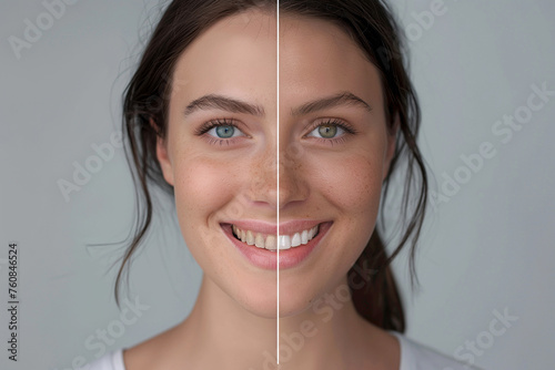 Professional teeth whitening and cleaning. Young smiling woman showing before and after results. Stomatology and dental clinic concept. Teeth bleaching advertising collage photo