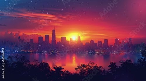 Stunning Sunset Over City and Water