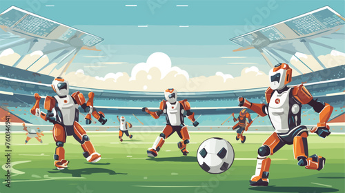 A group of cheerful robots playing soccer in a futu