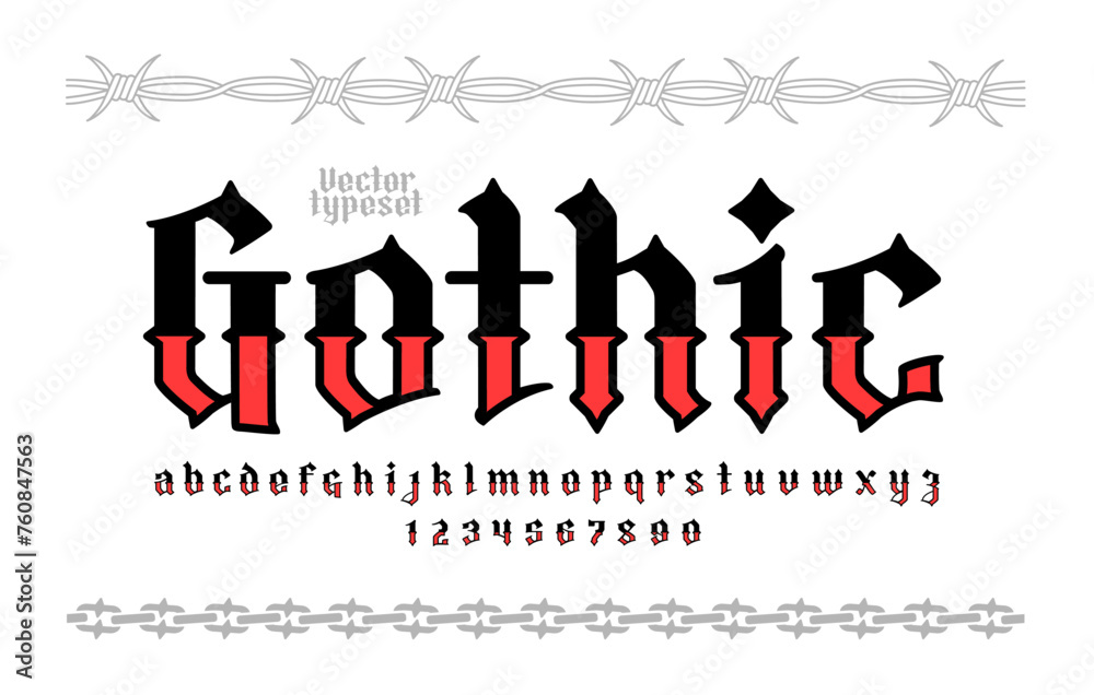 "Gothic" Y2k Neo Goth tattoo art vector font type. Vintage gothic Opium style font. Y2k tattoo barbed wire and chain frame pattern template. Aesthetic 2000s elements design - obrazy, fototapety, plakaty 