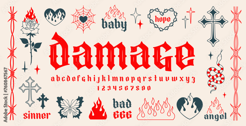 "Damage" Y2k Neo Gothic tattoo art vector font type. Y2k tattoo set of cross, rose, flame, heart chain pattern etc. Aesthetic 2000s gothic Opium style font. Barbed wire and horn chain frame template - obrazy, fototapety, plakaty 