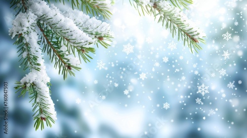 Festive christmas background with pine branch and snowflake border, perfect for text placement
