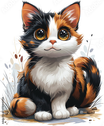 Cute illustrated calico kitten with big eyes sitting, surrounded by soft foliage, ideal for greeting cards or children's book illustrations.