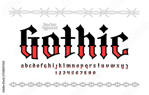 "Gothic" Y2k Neo Goth tattoo art vector font type. Vintage gothic Opium style font. Y2k tattoo barbed wire and chain frame pattern template. Aesthetic 2000s elements design