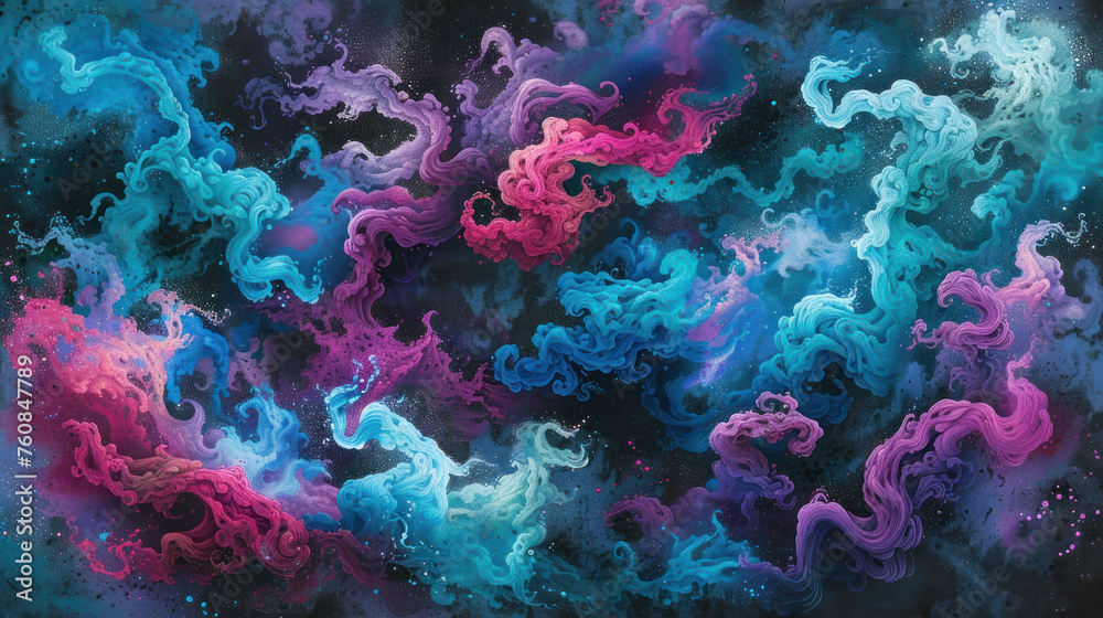 an abstract painting of blue, pink, and purple swirls on a black background with space in the middle.