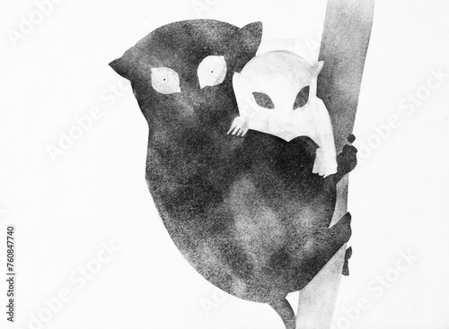 lemur with baby on bamboo drawn by hand with stamp with black tempera paint on white paper