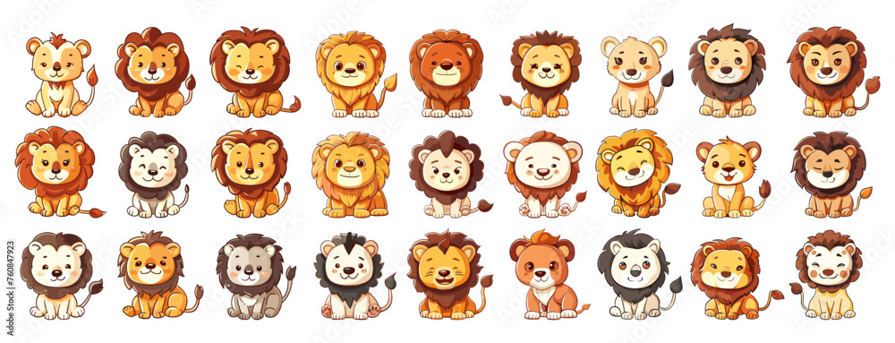 Lion cubs cartoon style vector set. Sweet small cute cat, predator savannah animal, illustrations isolated on white background Lion cubs cartoon style vector set. Sweet small cute cat, predator savannah animal, illustrations isolated on white background