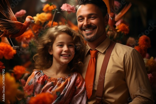 Father and daughter surrounded by flowers and bird
