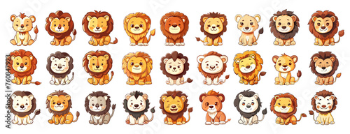 Lion cubs cartoon style vector set. Sweet small cute cat, predator savannah animal, illustrations isolated on white background