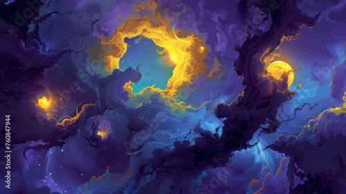 a painting of a blue, yellow, and purple cloud with a yellow light in the center of the picture. photo