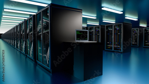 Data center. Iaas, saas, paas. Backup, mining, hosting, mainframe, farm and computer rack with storage information. Cyber Security. 3d render (ID: 760847959)