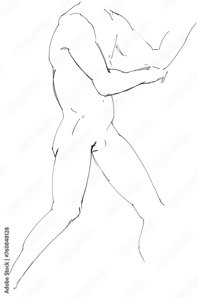 training sketch of male nude model from side in boxer pose, hand-drawn in black ink on white paper