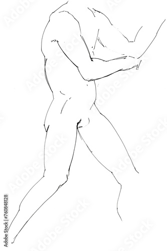 training sketch of male nude model from side in boxer pose  hand-drawn in black ink on white paper