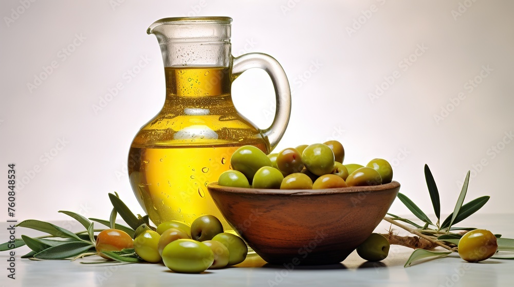 Olive oil in a glass jug and olives on a white background Olive oil in a glass jug and olives on a white background