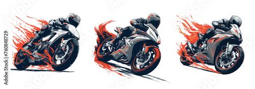 Moto racer man on sport motorcycle bend moving with fire elements, paint sketch style vector collection. Motorsport modern vehicles gp gear models pro pilots, concepts isolated on white background