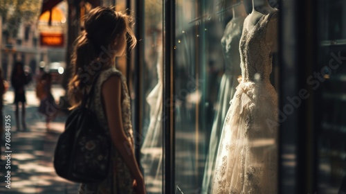 A woman stands on the street and looks at a wedding dress in a window. photo