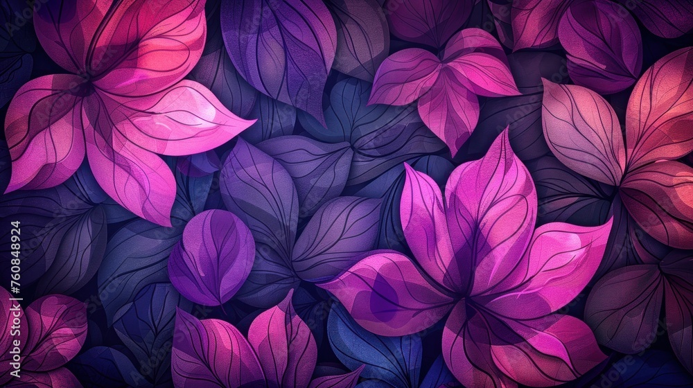 a bunch of purple and pink leaves on a black background with pink and purple leaves on the bottom of the image.