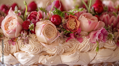 a close up of a cake with white frosting and pink flowers on top of the frosting and flowers on the top of the cake. photo
