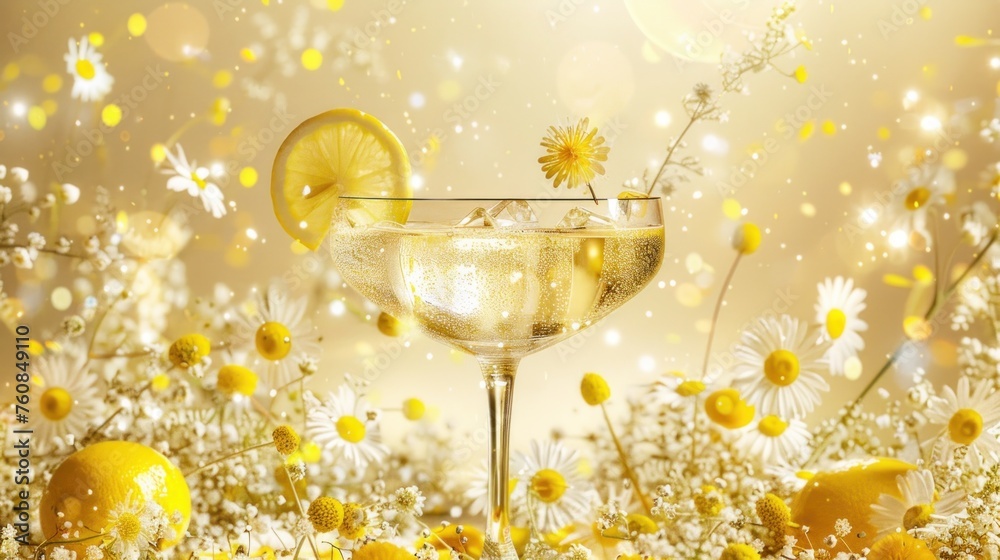 a glass filled with a drink sitting on top of a field of daisies and daisies on a sunny day. a glass filled with a drink sitting on top of a field of daisies and daisies on a sunny day.