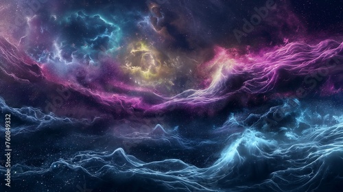 Neon waves pulsing rhythmically beneath the surface of a cosmic ocean. © Zaini