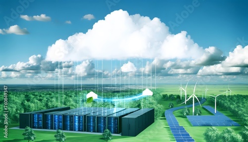 Futuristic data center powered by renewable energy.
