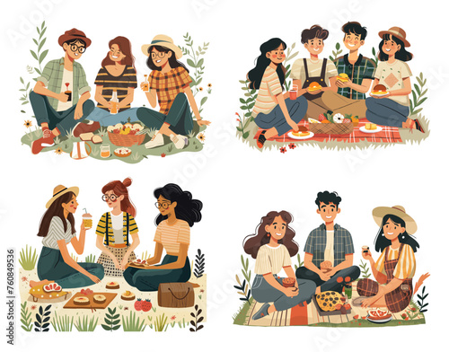 Picnic friends scenes cartoon style vector collection. Boys girls cute casual clothes teenagers characters, nature vibe outdoor recreation grass plants food snacks drinks objects, stylish illustration