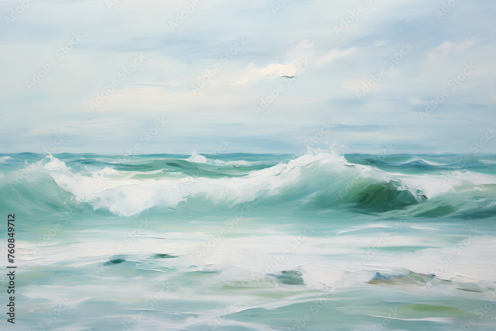 Seascape in soft green tones. Oil painting in impressionism style.