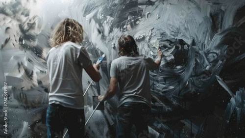 Artists collaborating on a monochrome mural - Two artists actively painting a large, abstract monochrome mural with expressive brushstrokes photo