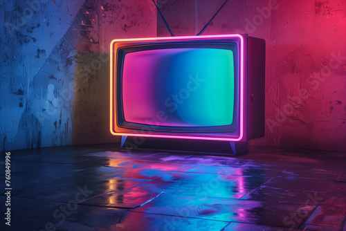 Old tv receiver with colorful neon lights on dark background. Retro concept