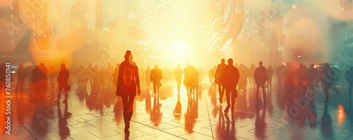 Bustling city scene with vibrant light rays - A lively urban atmosphere captures the hustle of city life with silhouettes against a backdrop of radiant light