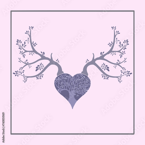 Illustration of a heart with antlers made from branches and leafs - forest love
