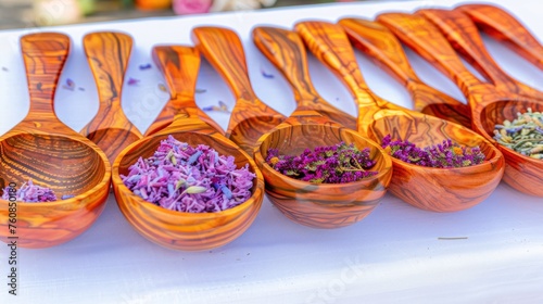 a table topped with wooden spoons and bowls filled with different types of flowers on top of a white table cloth. photo