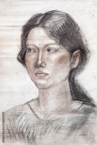 Study portrait of brunette girl hand-drawn in sepia, sanguine pastel, charcoal on white paper