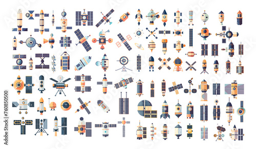 Satellites carriers transmitters space station simple cartoon vector set. Cosmic wireless communication docking modules orbital colorful equipment isolated on white background