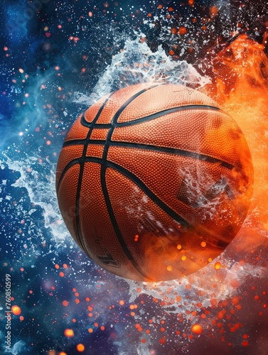 Fiery water basketball concept illustration - A dynamic image of a basketball caught in a dramatic clash of fire and water elements, creating an intense energy feel